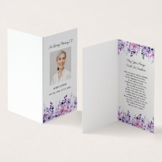 Cartão De Visita Folded Purple Flower Photo Funeral Prayer Card