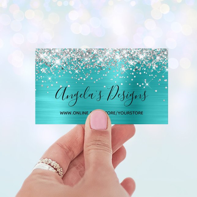 Cartão De Visita Folha Azul Turquesa Silver Glitter Folha Online (Silver Glitter Blue Turquoise Foil Online Store Business Card)