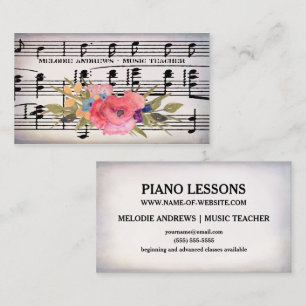 Cartão De Visita Folha de Música bonito do Professor de Piano Flora