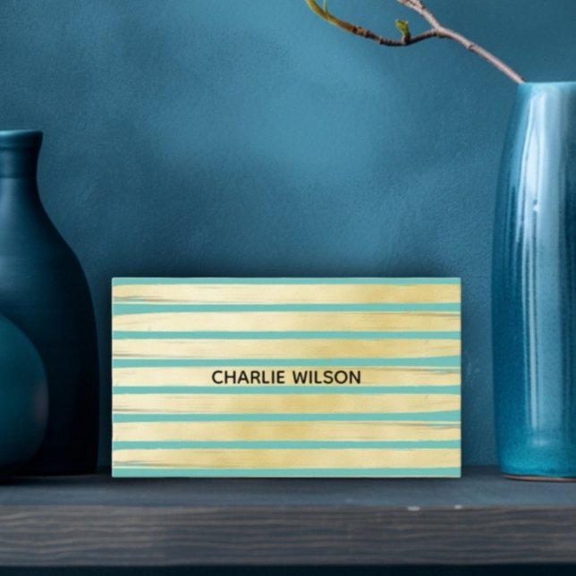 Cartão De Visita Folha de ouro azul-turquesa Elegante, listrada (Elegant blue turquoise gold foil paint striped business card)