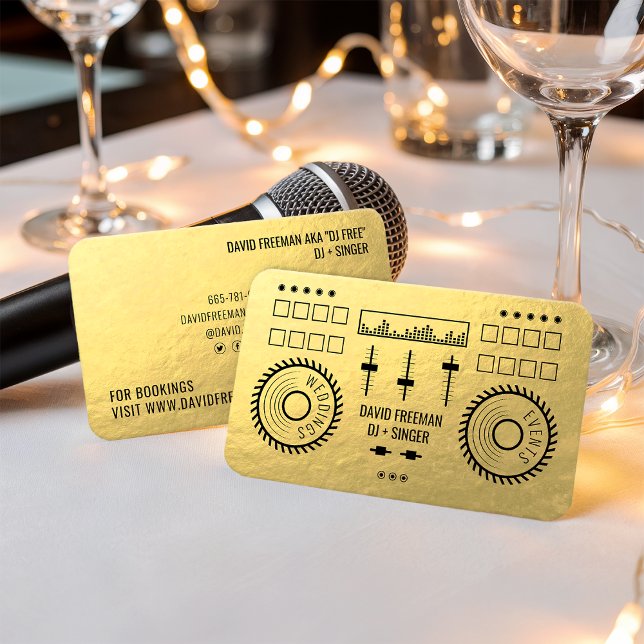 Cartão De Visita Folha de ouro de luxo moderna, música negra dj gir (Modern luxury gold foil black dj music turntable)