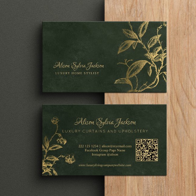Cartão De Visita Folha de ouro elegante e verde luxuosa (Criador carregado)