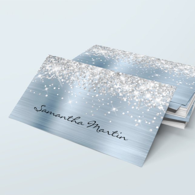 Cartão De Visita Folha de Prata Esfarelo Brilhante Folha Azul Claro (Silver Glitter Light Blue Foil Business Card)