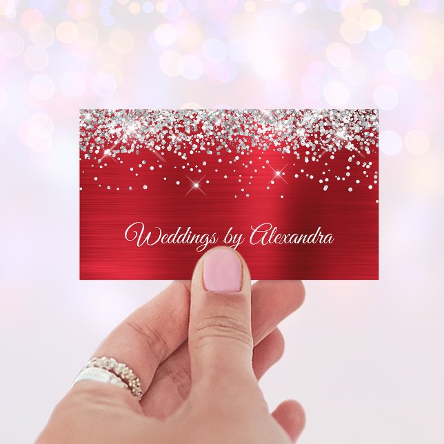 Cartão De Visita Folha de Satanás Vermelho Brilhante (Silver Glitter Bright Red Satin Foil Business Card)