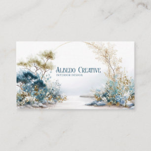 Cartão De Visita Folhagem em Aquarela Azul Dourado Paisagem Serena