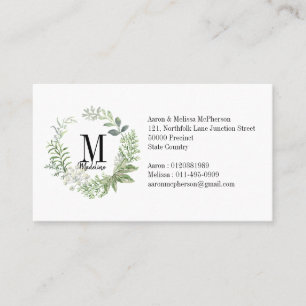 Cartão De Visita Folhagem Verde de Monograma Floral Personalizável