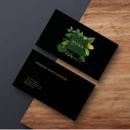 Cartão De Visita Folhagem Verde Exuberante Moldura Preto Dourado Bo