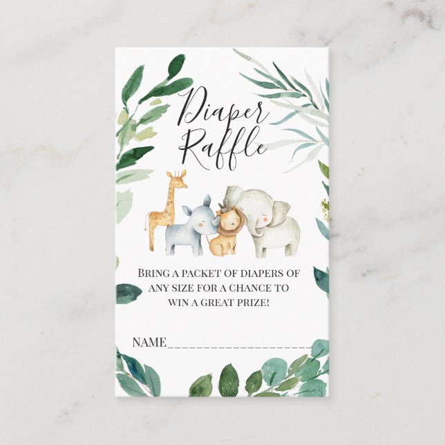 Cartão De Visita Folhagem Verde Safari Animais Fralda Raffle Inseri (Frente)