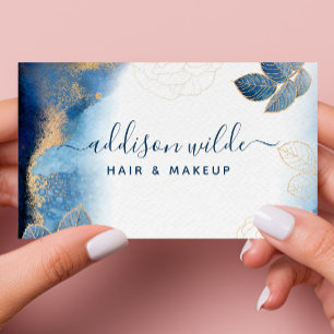 Cartão De Visita Folhas Botânicas de Aquarela Azul Dourado Abstrato