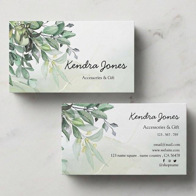 Cartão De Visita Folhas de Aquarela Eucalyptus (Watercolor Eucalyptus leaves Business Card #Eucalyptus #leaves #naturalbusinesscard #greenery)