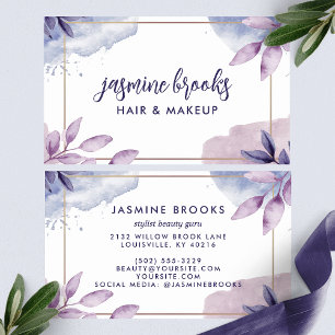 Cartão De Visita Folhas de Aquarela Roxa Moldura Dourada