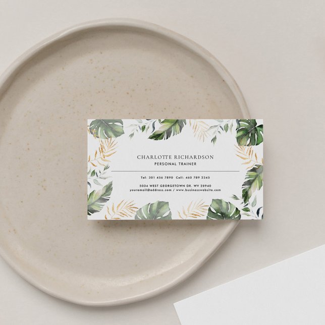 Cartão De Visita Folhas de Palm de Aquarela Moderna (Palm Leaves Gold Foliage Modern Business Card)