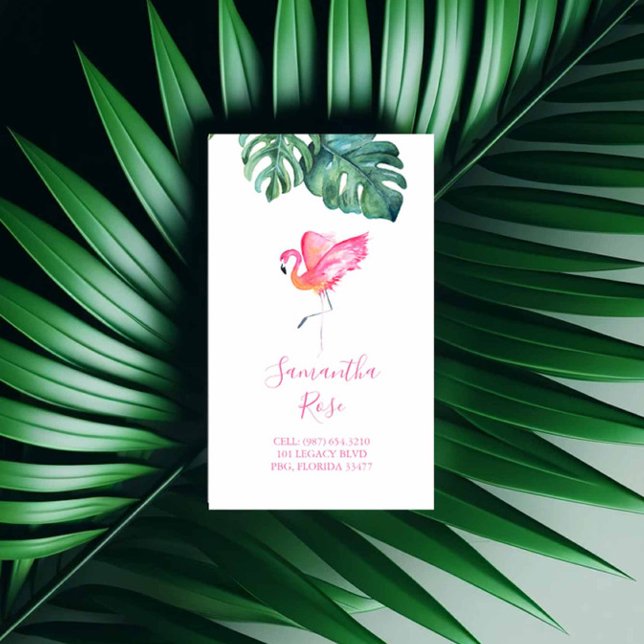 Cartão De Visita Folhas de Palm Flamingo Monstera, Rosa (event decorations business cards watercolor pink flamingo tropical palm leaves Victoria Grigaliunas)