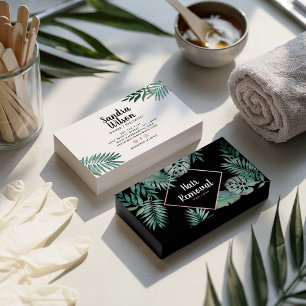 Cartão De Visita Folhas de rosa dourado, cor verde-tropical, preto