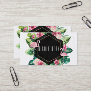 Cartão De Visita Folhas Tropicais Hibiscos Flamingos Elegante Chic