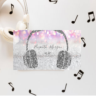 Cartão De Visita Fones de ouvido DJ Bokeh Brilho Prata Elegantes