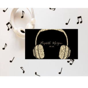 Cartão De Visita Fones de ouvido DJ com brilho dourado elegante