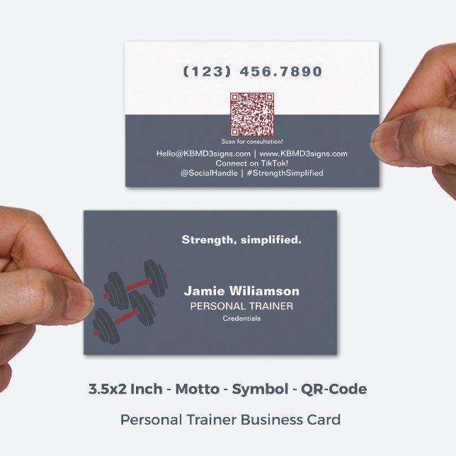 Cartão De Visita Força Cinza QR Simplificada Treinador Pessoal Verm (3.5x2 Inch, Strength Simplified QR Grey Red Personal Trainer Business Card)