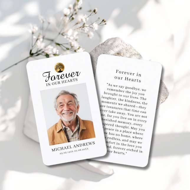 Cartão De Visita "Forever in our Hearts" Tree of Life Photo Prayer  ("Forever in our Hearts" Tree of -Life Photo Prayer White Custom Card)