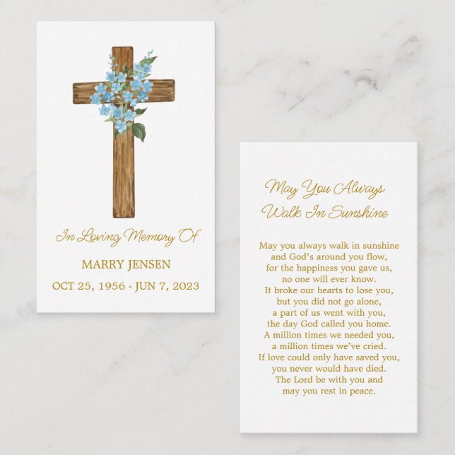 Cartão De Visita Forget me not Cross Memorial Funeral Prayer Card (Frente/Verso)