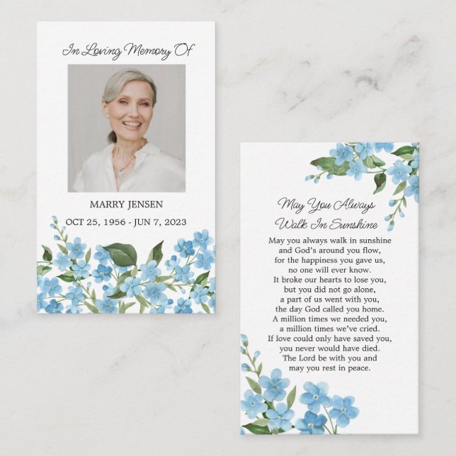 Cartão De Visita Forget me not Memorial Photo Funeral Prayer Card (Frente/Verso)
