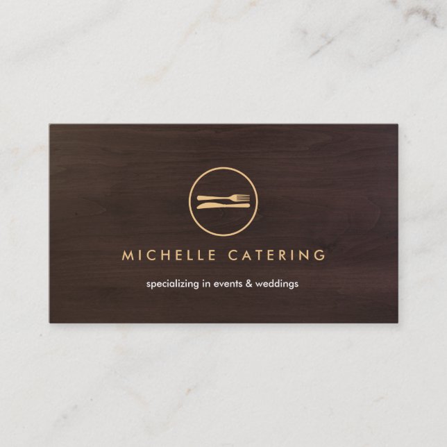 Cartão De Visita FORK & KNIFE LOGO DESIGN no DARK BROWN WOODGRAIN (Frente)