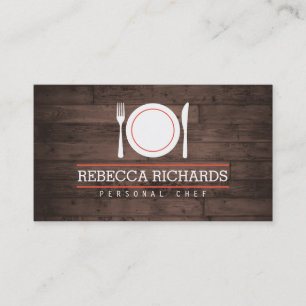 Cartão De Visita Fork, Plate, Logotipo de Faca em Woodgrain Russo