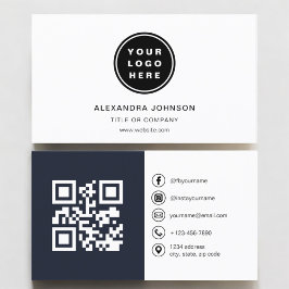 Cartão De Visita Foto azul marinho com código QR Mídia social