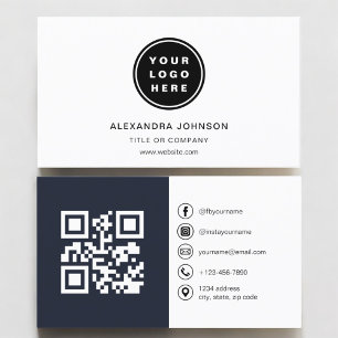 Cartão De Visita Foto azul marinho com código QR Mídia social