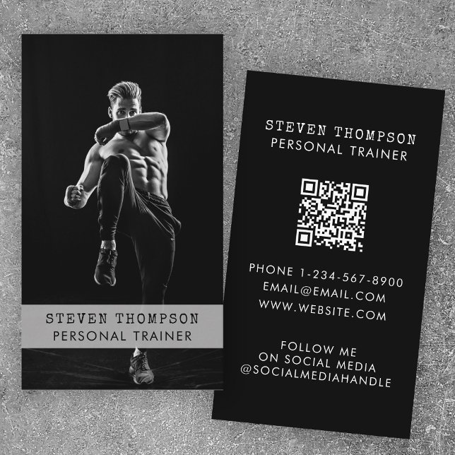 Cartão De Visita Foto branca preta do atleta de Malhação do treinad (Personal Trainer Fitness Athlete Black White Photo Business Card)