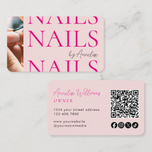 Cartão De Visita Foto Código QR de Ícone Social Rosa Bege Unhas Mod