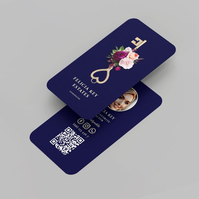 Cartão De Visita Foto da Chave Floral do Realtor Azul Moderno Midni (Modern Midnight Blue Realtor Floral Key Photo Business Card
)
