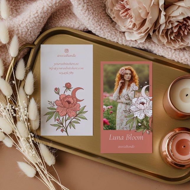 Cartão De Visita Foto da Lua Holística Celestial de Peony Floral El (Elegant Floral Peony Celestial Holistic Moon Photo Business Card)