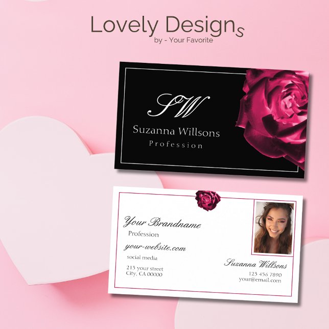 Cartão De Visita Foto das Iniciais de Rosa vermelha Negra e Branca  (Criador carregado)