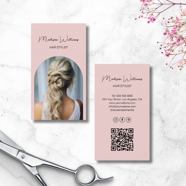 Cartão De Visita Foto de Arco Moderno Hair Stylist, rosa (Hair Stylist Modern Arch Photo Pink Business Card)