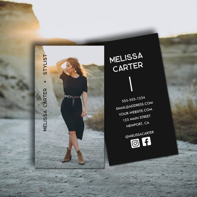 Cartão De Visita Foto de Cheio minimalista simples (Minimalist full photo simple business cards with social media icons on the back)