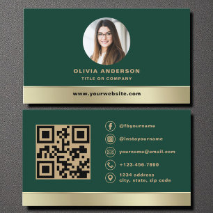 Cartão De Visita Foto de Código QR com Logotipo Elegante em Verde F
