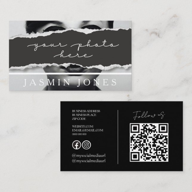 Cartão De Visita Foto de Código QR Preto Moderno (Frente/Verso)