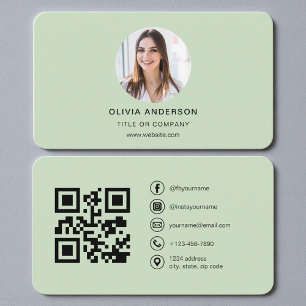 Cartão De Visita Foto de Código QR Verde Salvia