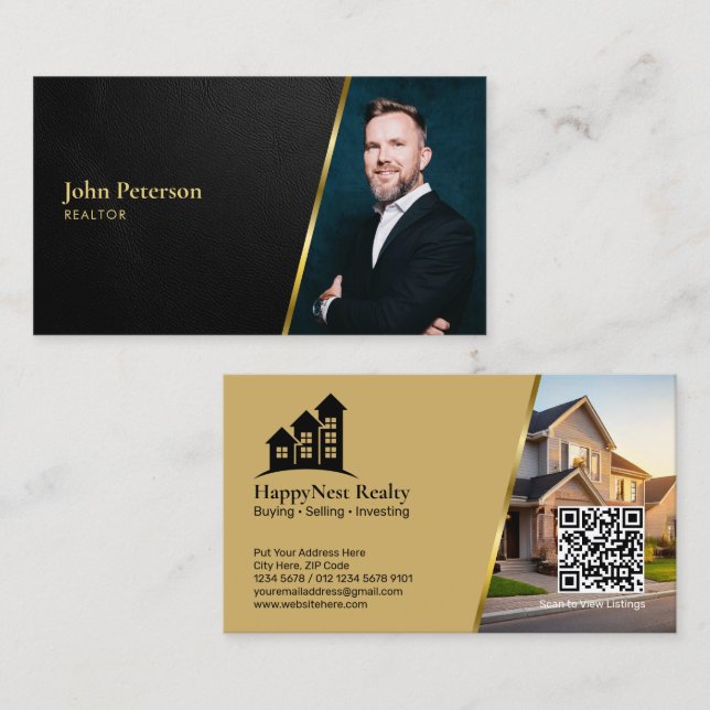 Cartão De Visita Foto de Imóvel com Código QR e Textura de Couro Pr (Frente/Verso)