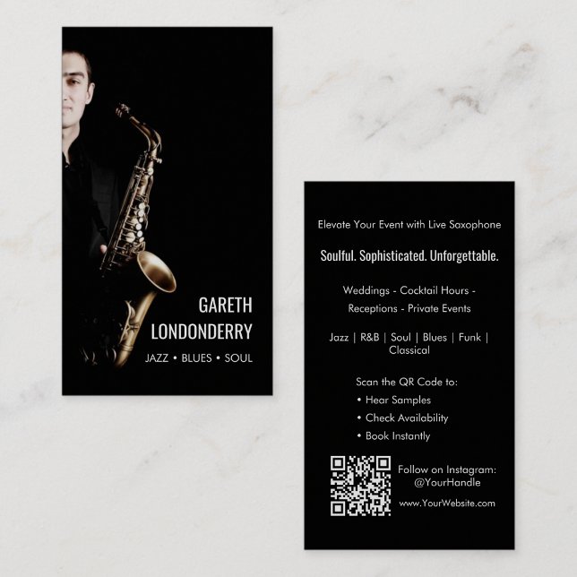 Cartão De Visita Foto de músico saxofonista profissional moderno (Modern Professional Saxophonist Musician Photo Business Card)