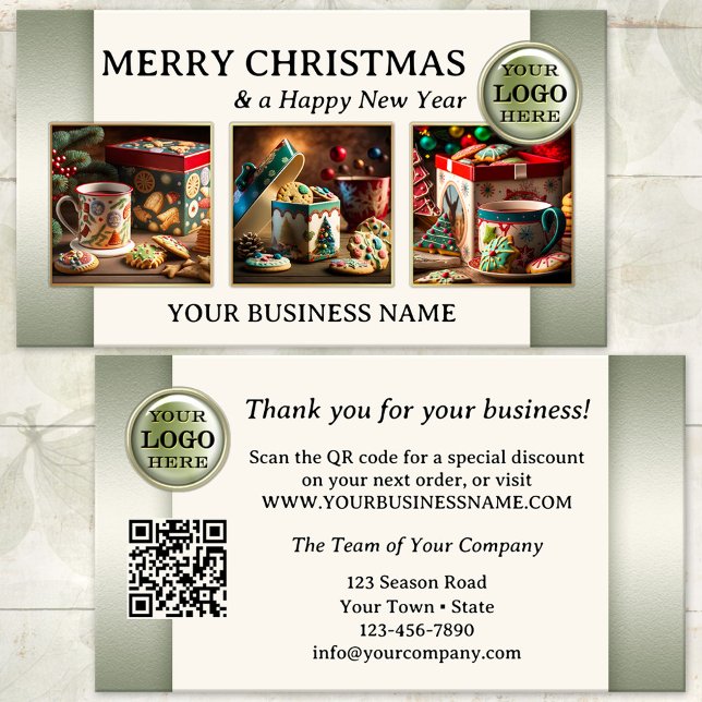 Cartão De Visita Foto De Natal Obrigado Pela Sua Empresa (Green ivory photo Christmas Holidays Thank You business card with logo and QR code templates)