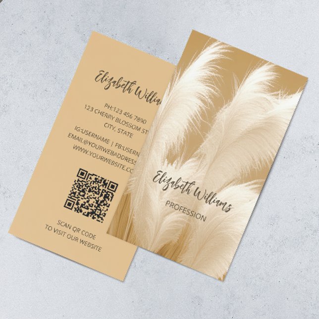 Cartão De Visita Foto de Pampas Grass Beige Sepia | Código QR (Criador carregado)