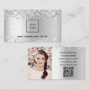 Cartão De Visita Foto de prata QR code glitter dust salon