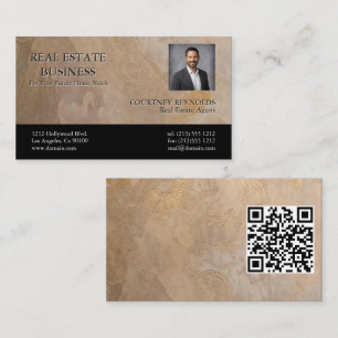 Cartão De Visita Foto de Realtor em Beige Dourado com Código QR de