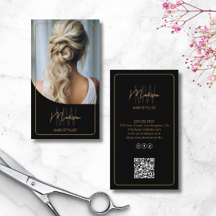 Cartão De Visita Foto de Salão QR do Dourado Monograma Stylist