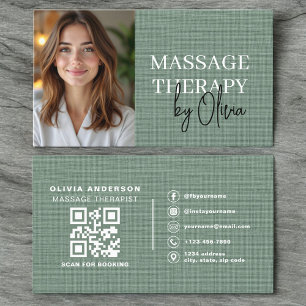 Cartão De Visita Foto de Terapeuta de Massagem Lino Verde Sage