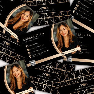 Cartão De Visita Foto do Agente de Realetor de Padrão Preto e bege 