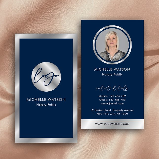 Cartão De Visita Foto do agente de vendas público notário do logoti (Modern navy and silver photo business cards with metallic chrome effects and dark blue background)