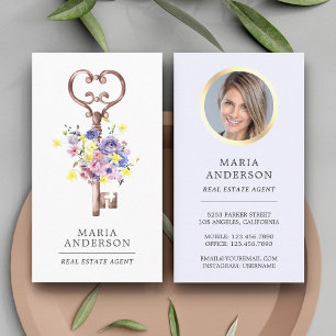 Cartão De Visita Foto do Agente Imobiliário de Chave de Vintage Flo